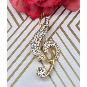 Beautiful Gold Tone & Crystal Paved Music Note Brooch Pin 2.25" Musician's Gift